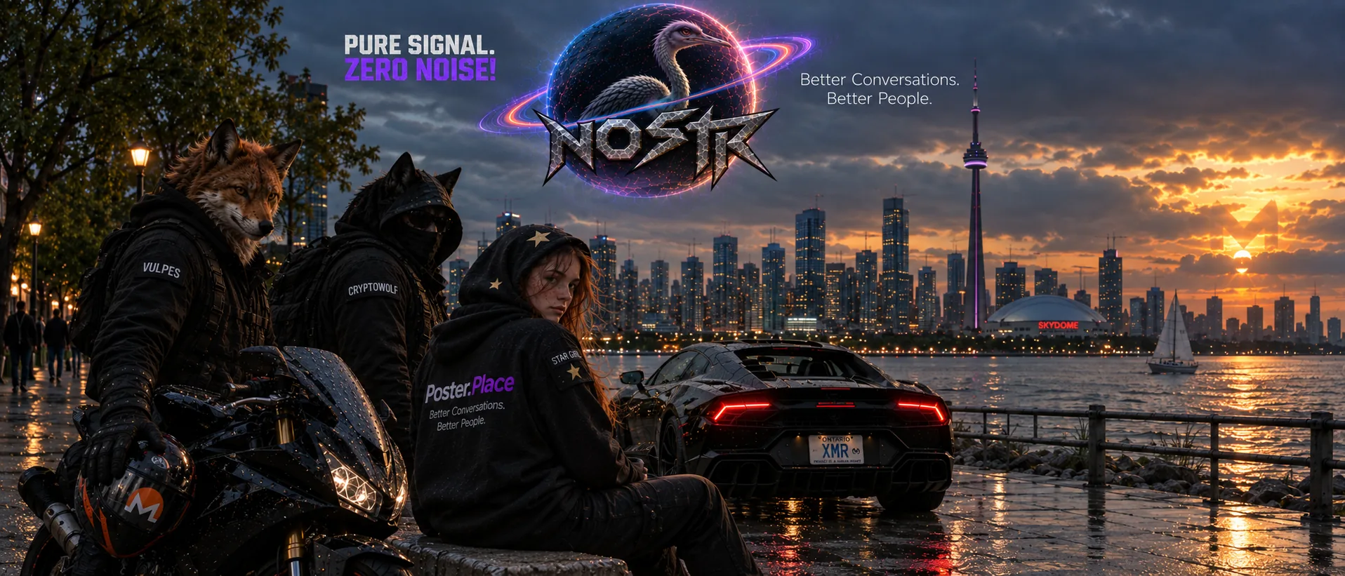 Pure signal. Zero noise. Nostr artwork above a neon-lit Toronto waterfront at sunset.
